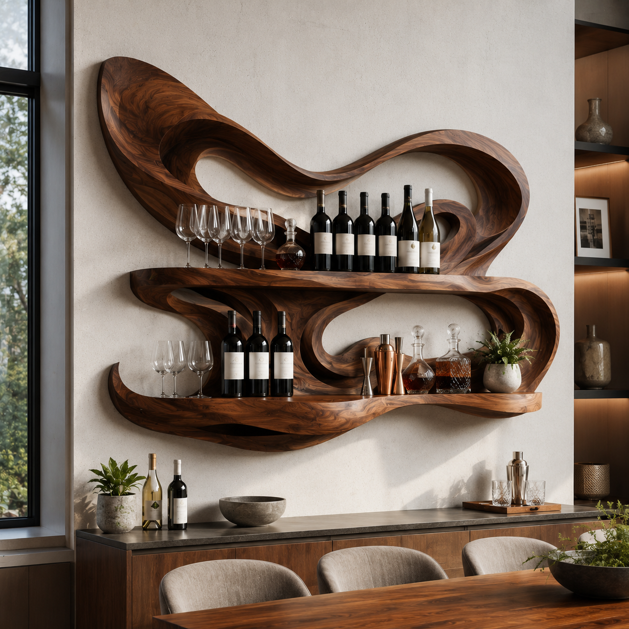 Solid Wood Wall Wine Rack with Glass Holder - Carved Halo - main view
