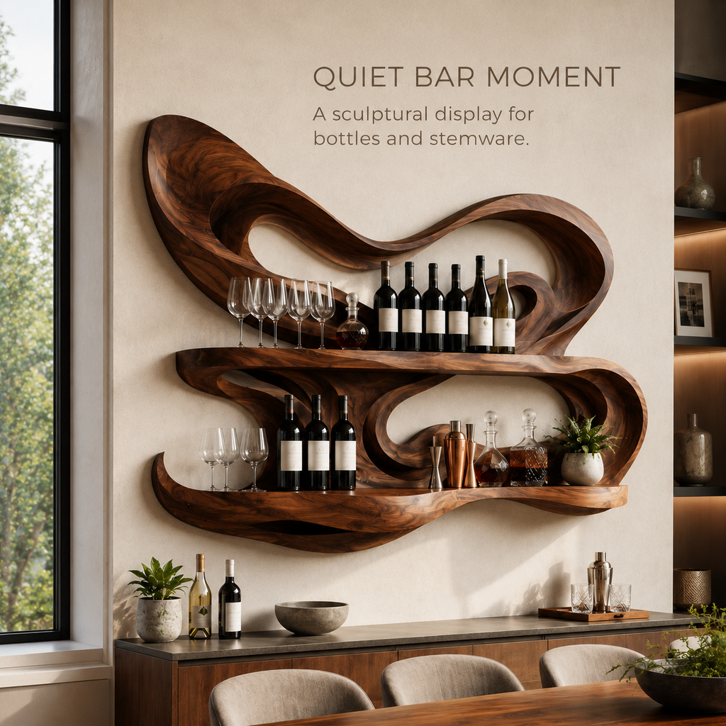 Solid Wood Wall Wine Rack with Glass Holder - Carved Halo - product image 02