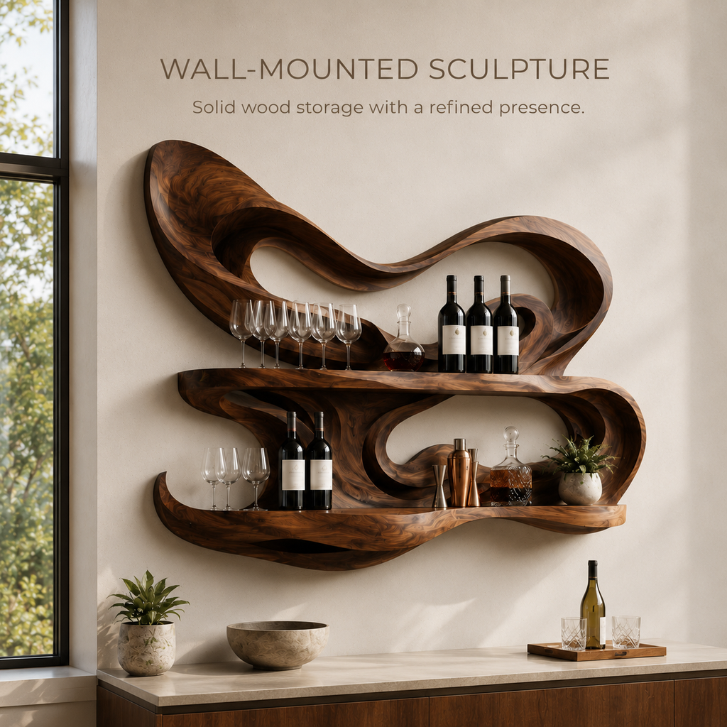 Solid Wood Wall Wine Rack with Glass Holder - Carved Halo - product image 03