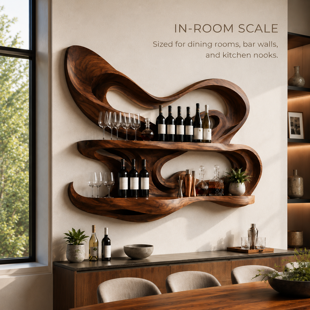 Solid Wood Wall Wine Rack with Glass Holder - Carved Halo - product image 04