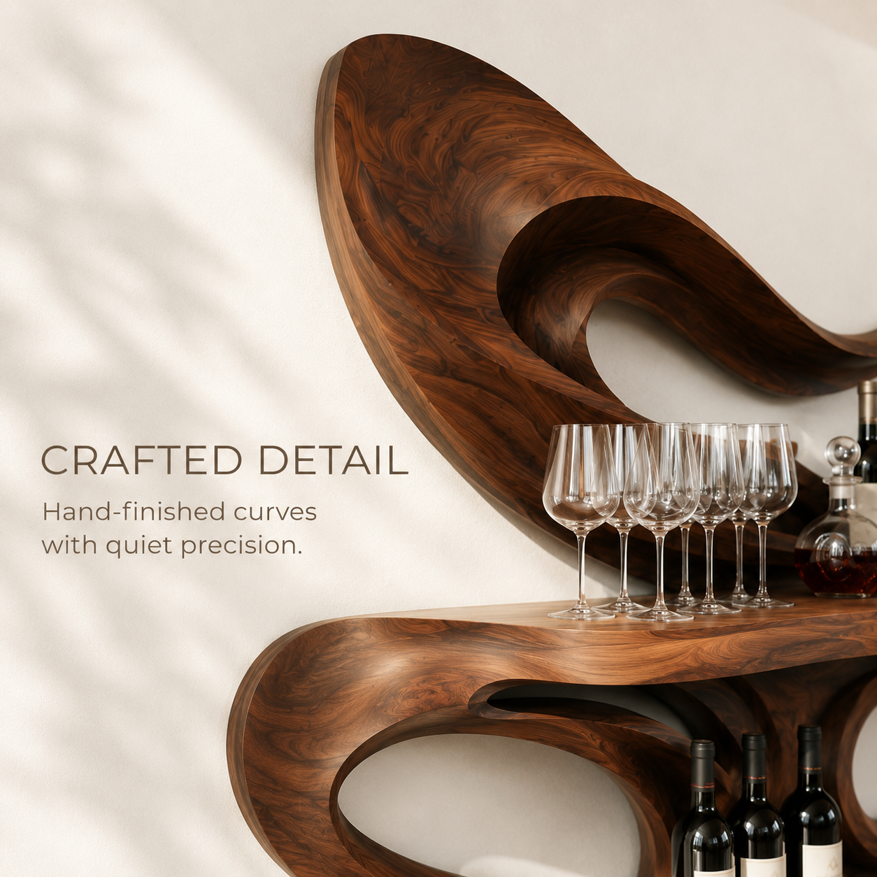 Solid Wood Wall Wine Rack with Glass Holder - Carved Halo - product image 06