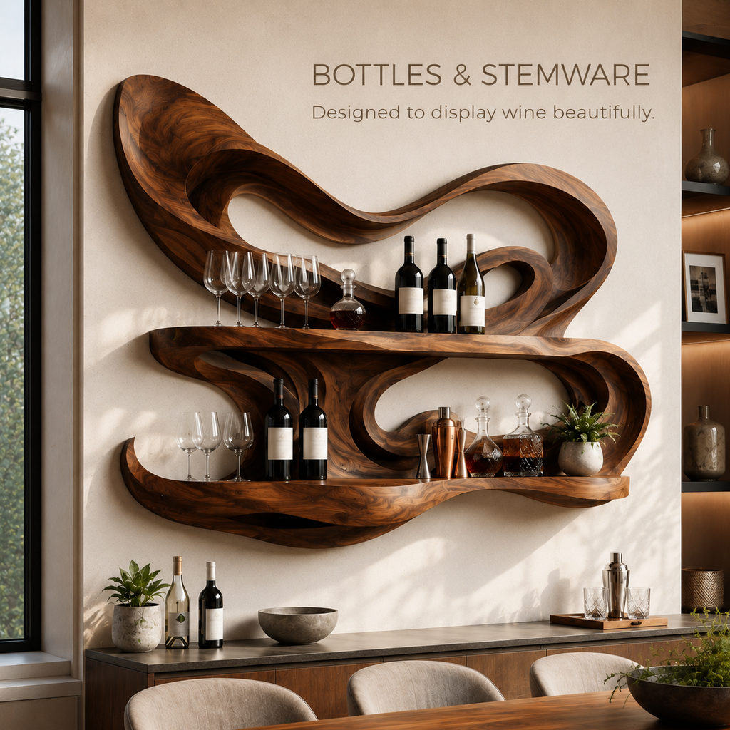 Solid Wood Wall Wine Rack with Glass Holder - Carved Halo - product image 07