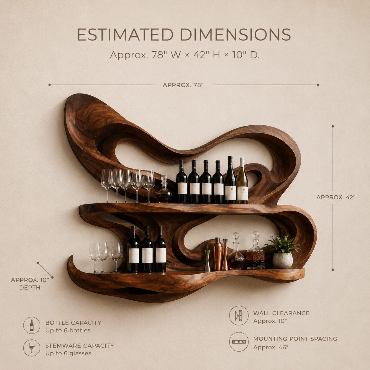 Solid Wood Wall Wine Rack with Glass Holder - Carved Halo - product image 08