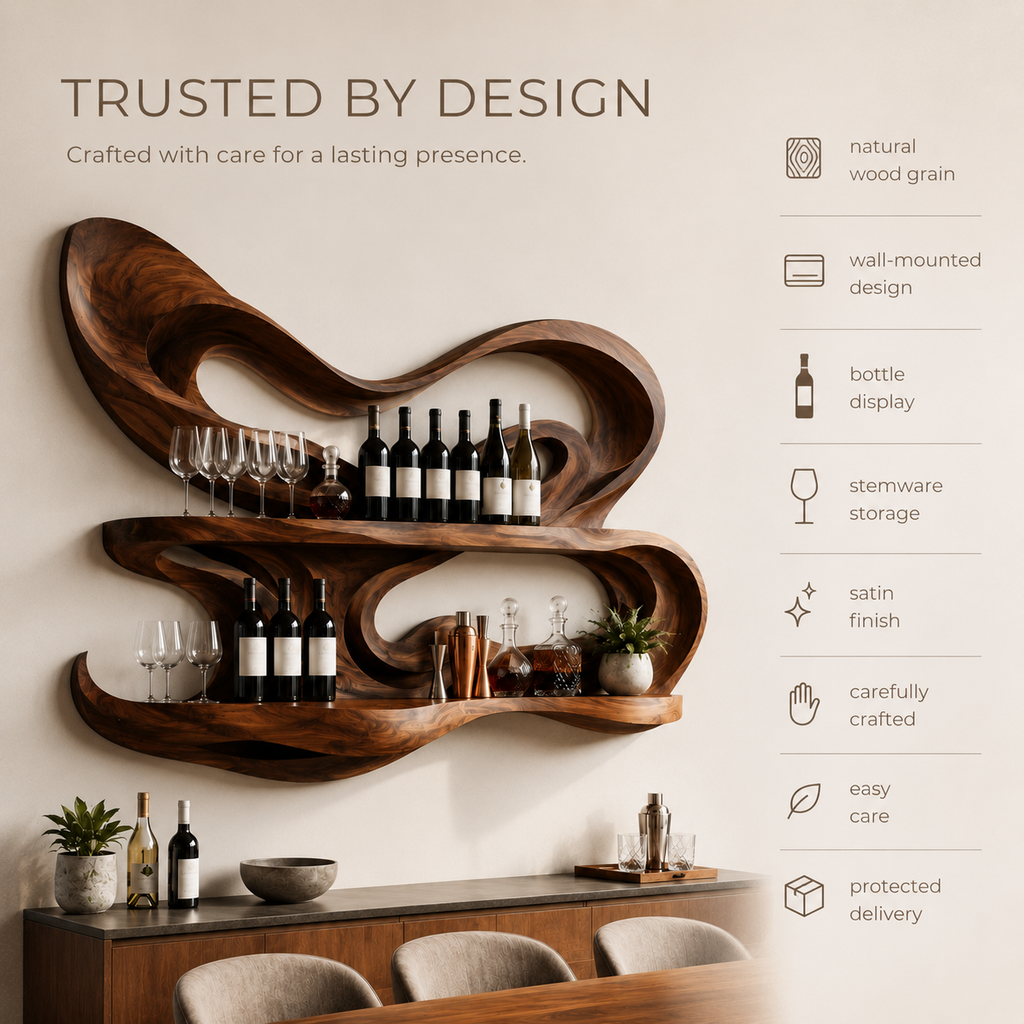 Solid Wood Wall Wine Rack with Glass Holder - Carved Halo - product image 09
