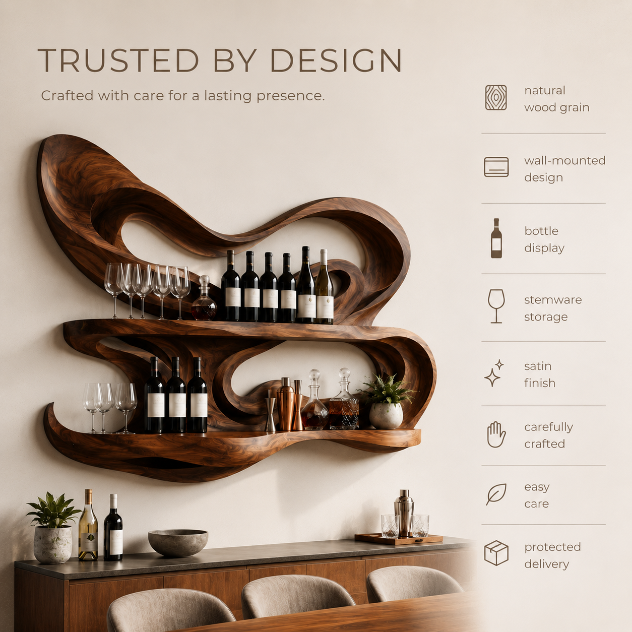 Solid Wood Wall Wine Rack with Glass Holder - Carved Halo - product image 09