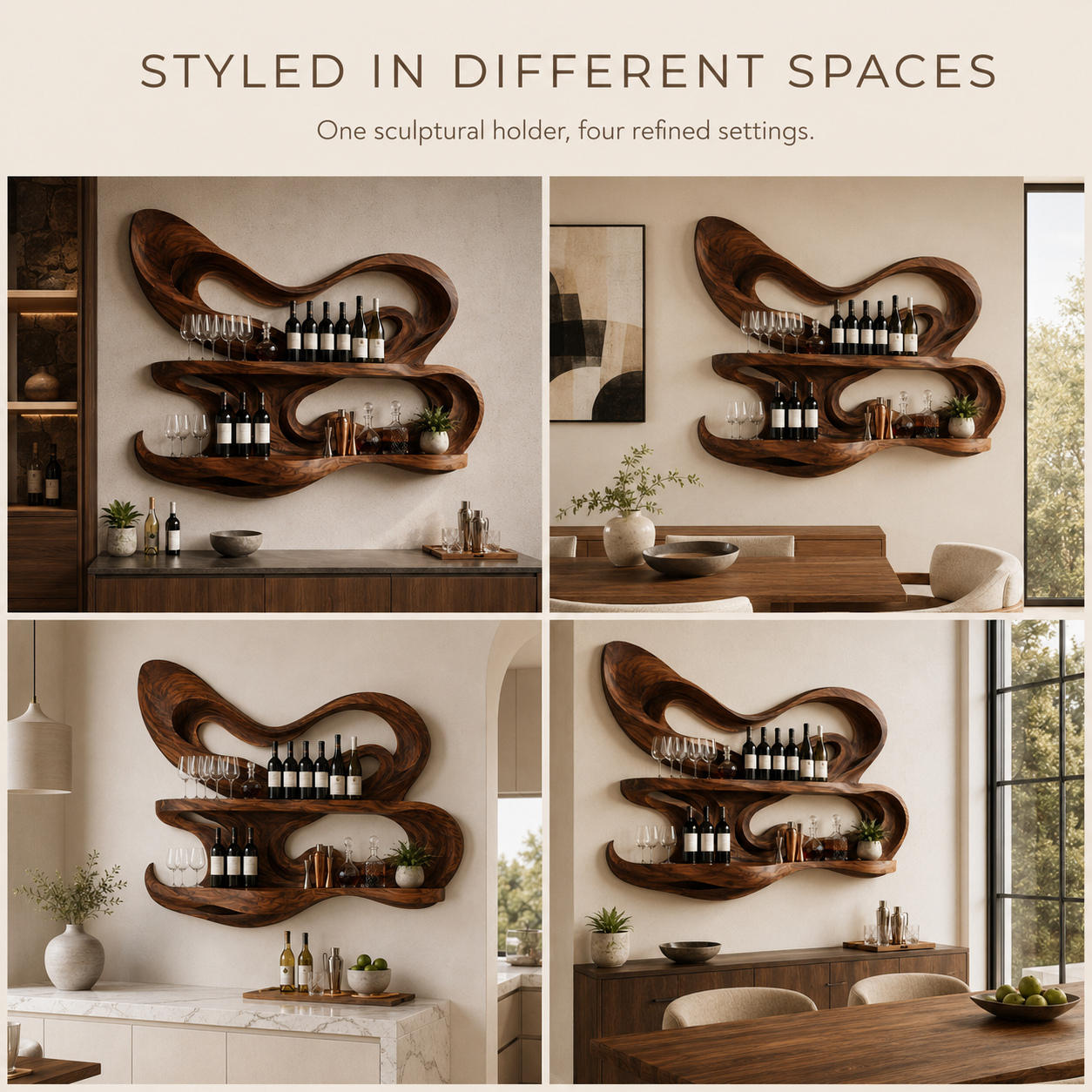 Solid Wood Wall Wine Rack with Glass Holder - Carved Halo - product image 11