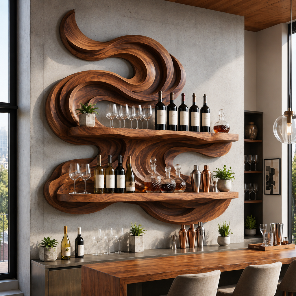 Solid Wood Wall Wine Rack with Glass Holder - Root Form - main view
