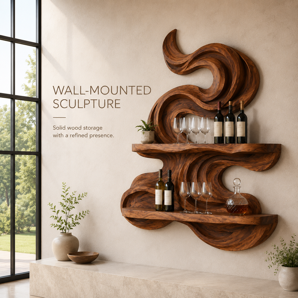 Solid Wood Wall Wine Rack with Glass Holder - Root Form - product image 03