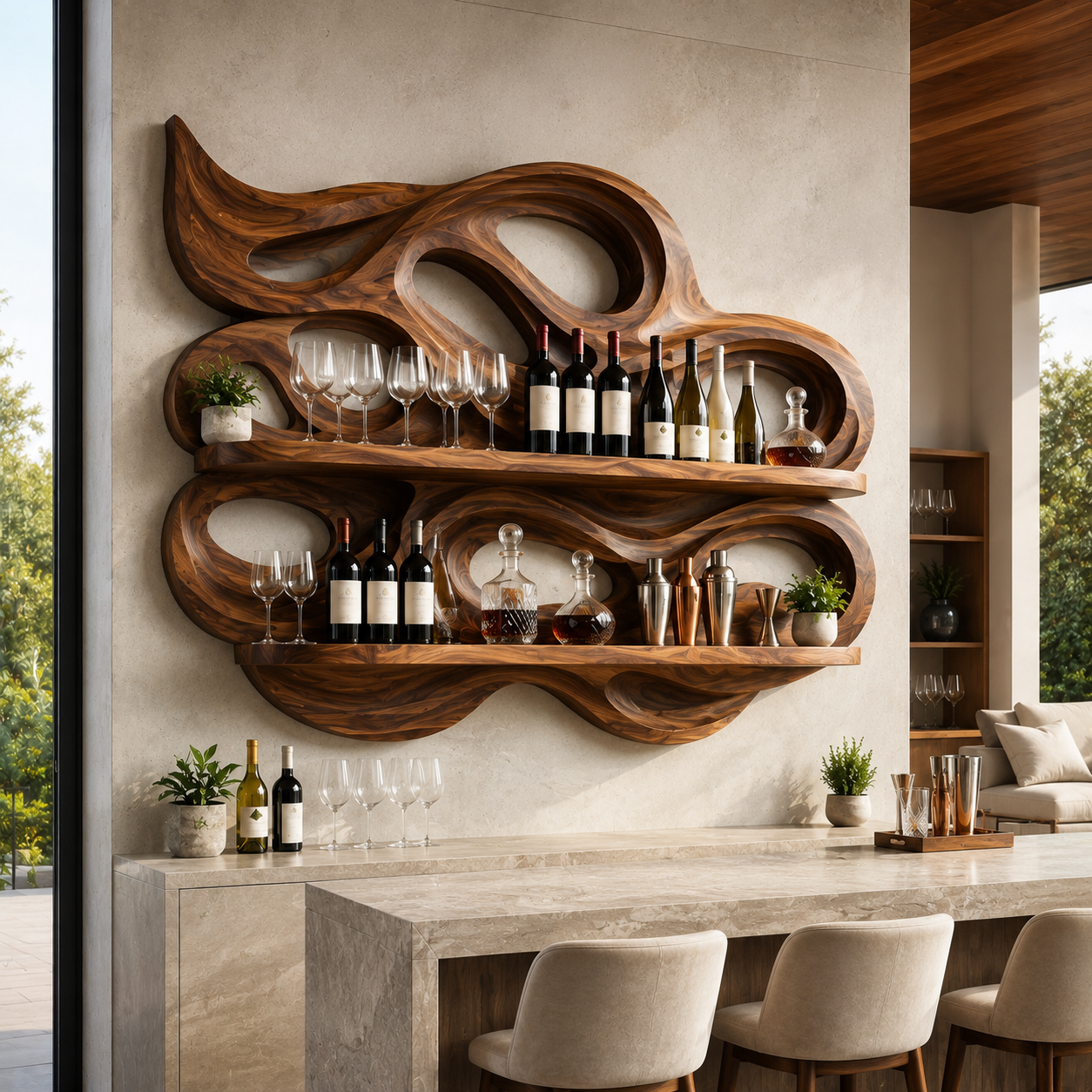 Solid Wood Wall Wine Rack with Glass Holder - Crescent Wall - main view