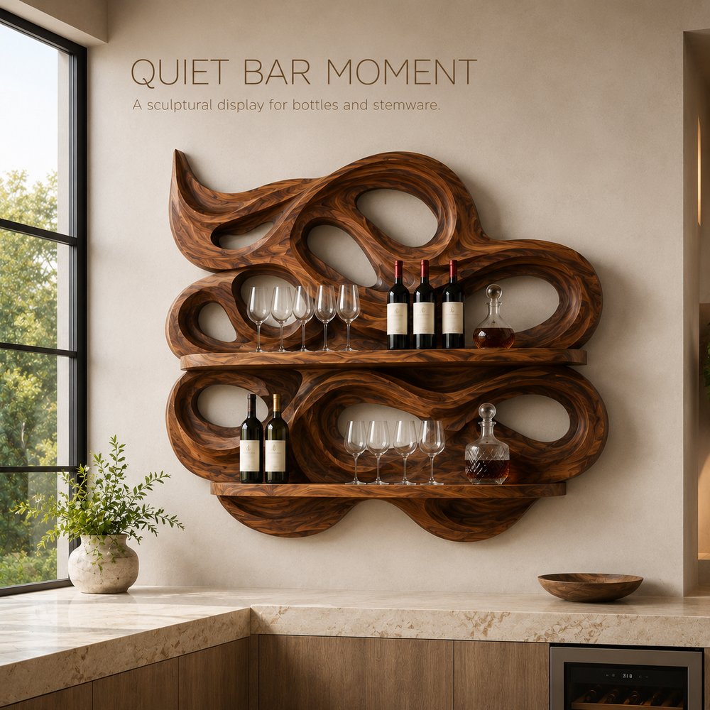 Solid Wood Wall Wine Rack with Glass Holder - Crescent Wall - product image 02