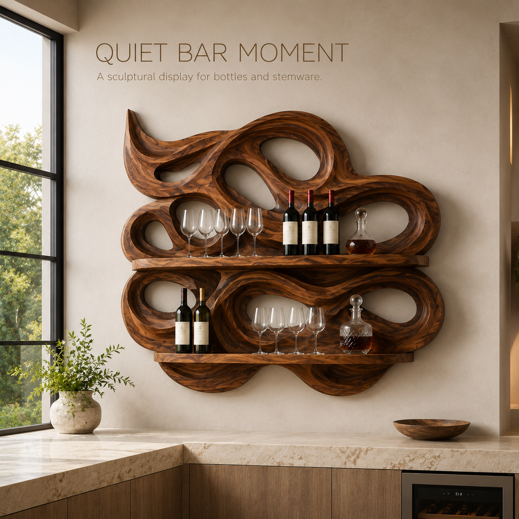 Solid Wood Wall Wine Rack with Glass Holder - Crescent Wall - product image 02