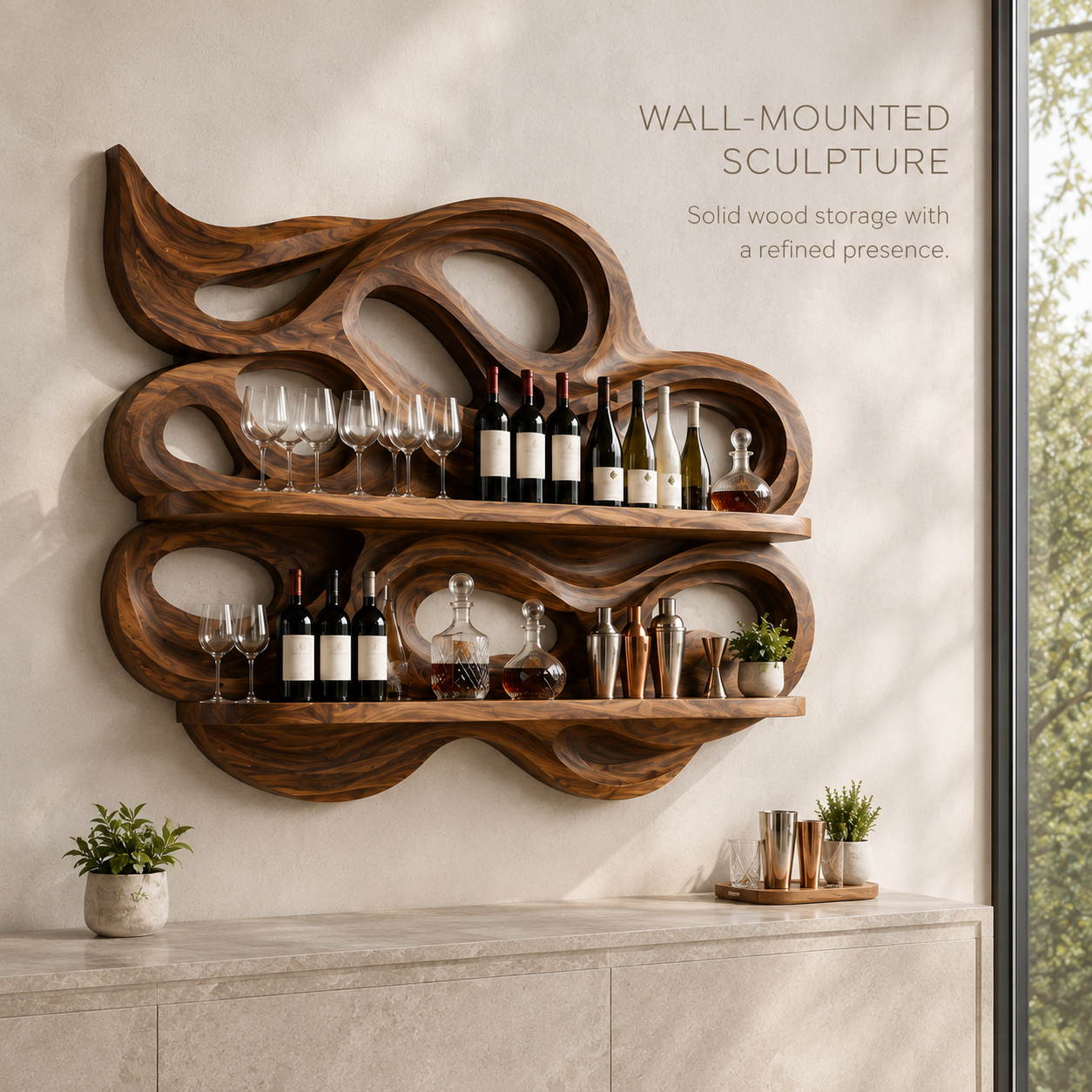 Solid Wood Wall Wine Rack with Glass Holder - Crescent Wall - product image 03