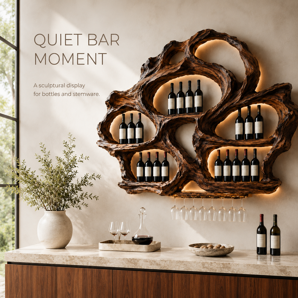Solid Wood Wall Wine Rack with Glass Holder - Floating Rail - product image 02