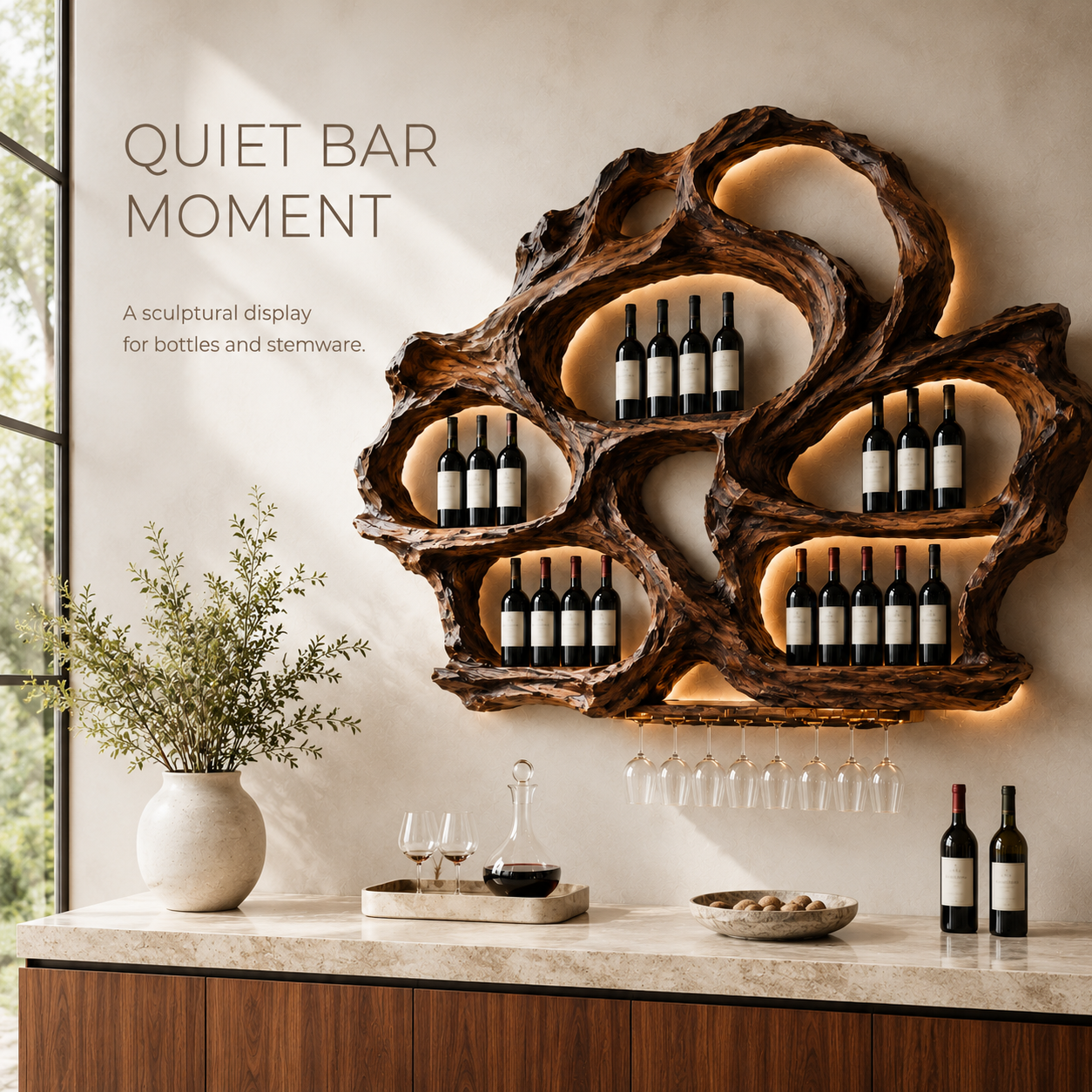 Solid Wood Wall Wine Rack with Glass Holder - Floating Rail - product image 02
