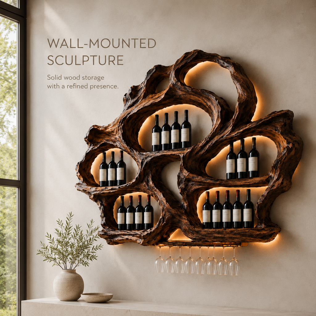 Solid Wood Wall Wine Rack with Glass Holder - Floating Rail - product image 03