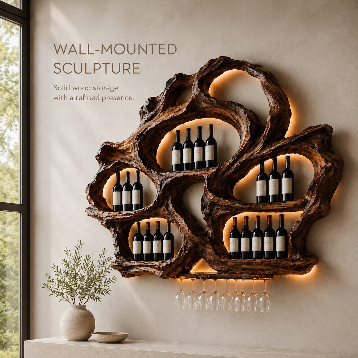 Solid Wood Wall Wine Rack with Glass Holder - Floating Rail - product image 03