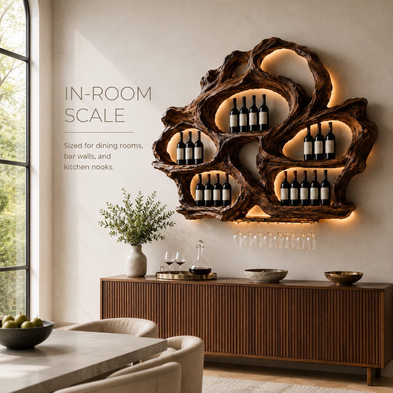 Solid Wood Wall Wine Rack with Glass Holder - Floating Rail - product image 04