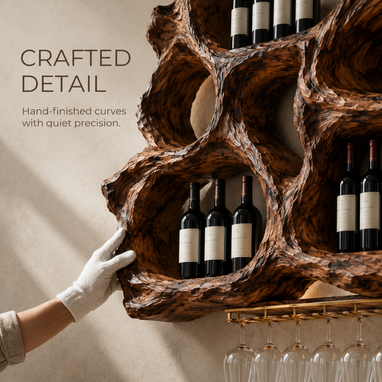 Solid Wood Wall Wine Rack with Glass Holder - Floating Rail - product image 06