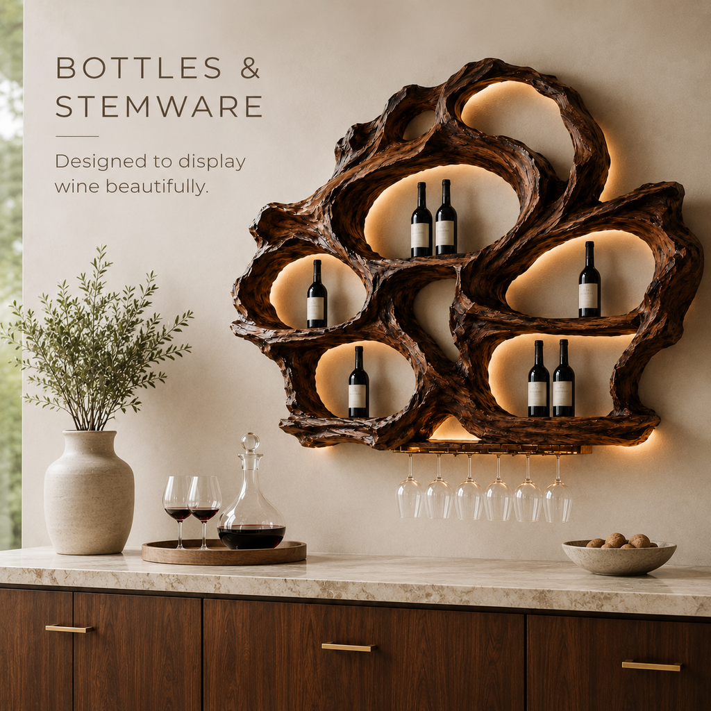 Solid Wood Wall Wine Rack with Glass Holder - Floating Rail - product image 07