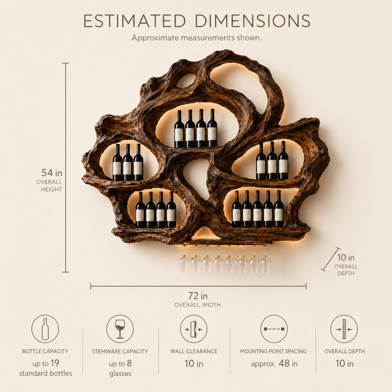 Solid Wood Wall Wine Rack with Glass Holder - Floating Rail - product image 08