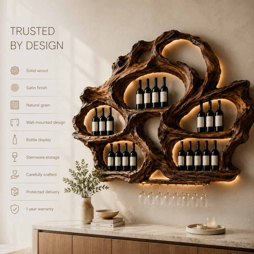 Solid Wood Wall Wine Rack with Glass Holder - Floating Rail - product image 10