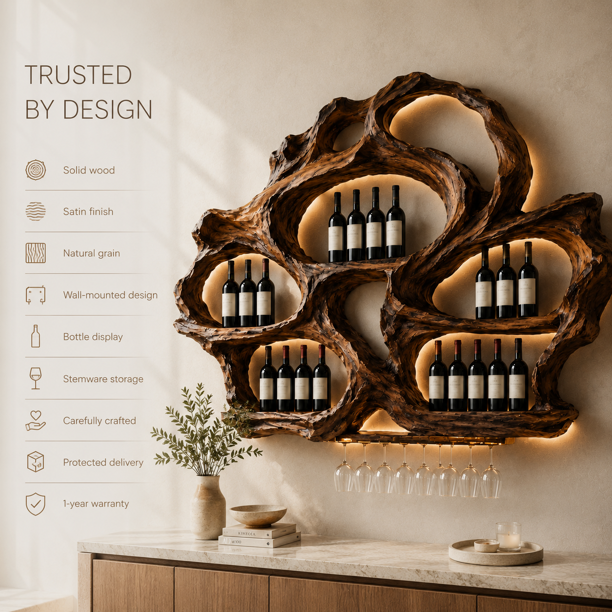 Solid Wood Wall Wine Rack with Glass Holder - Floating Rail - product image 10