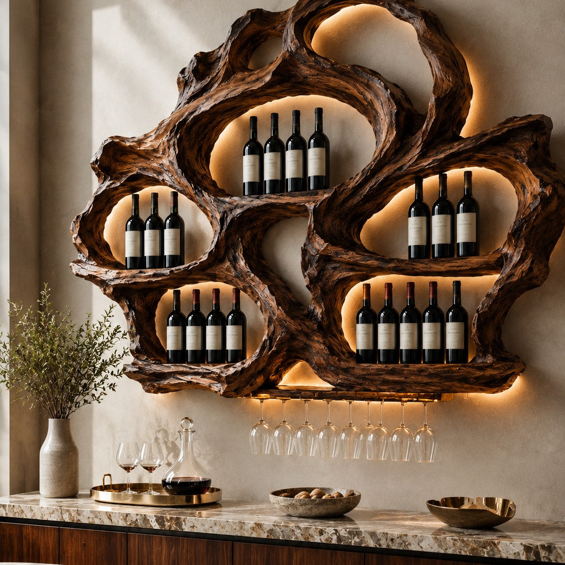 Solid Wood Wall Wine Rack with Glass Holder - Floating Rail - Design 268 - square cover image