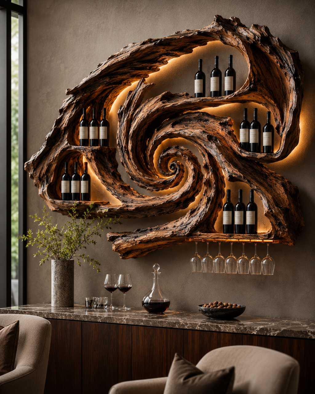 Solid Wood Wall Wine Rack with Glass Holder - River Form - main view