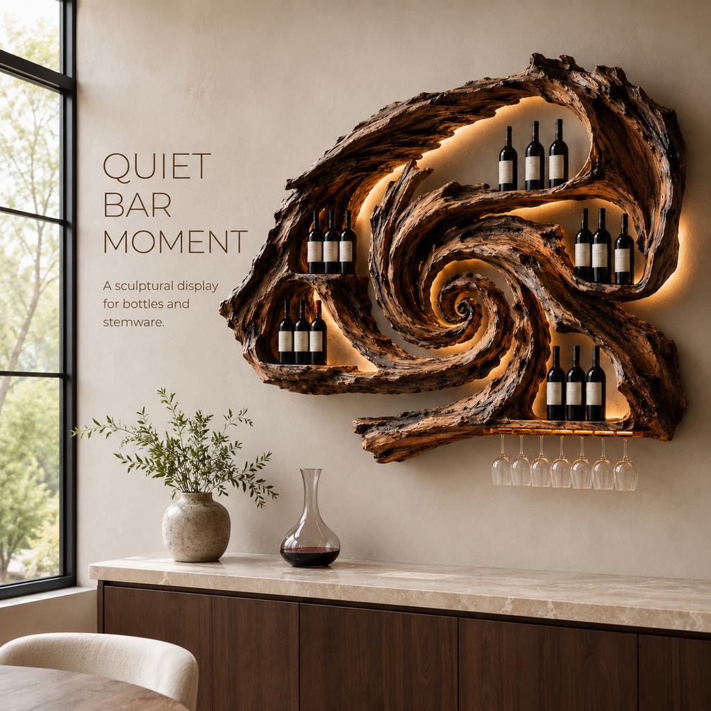 Solid Wood Wall Wine Rack with Glass Holder - River Form - product image 02