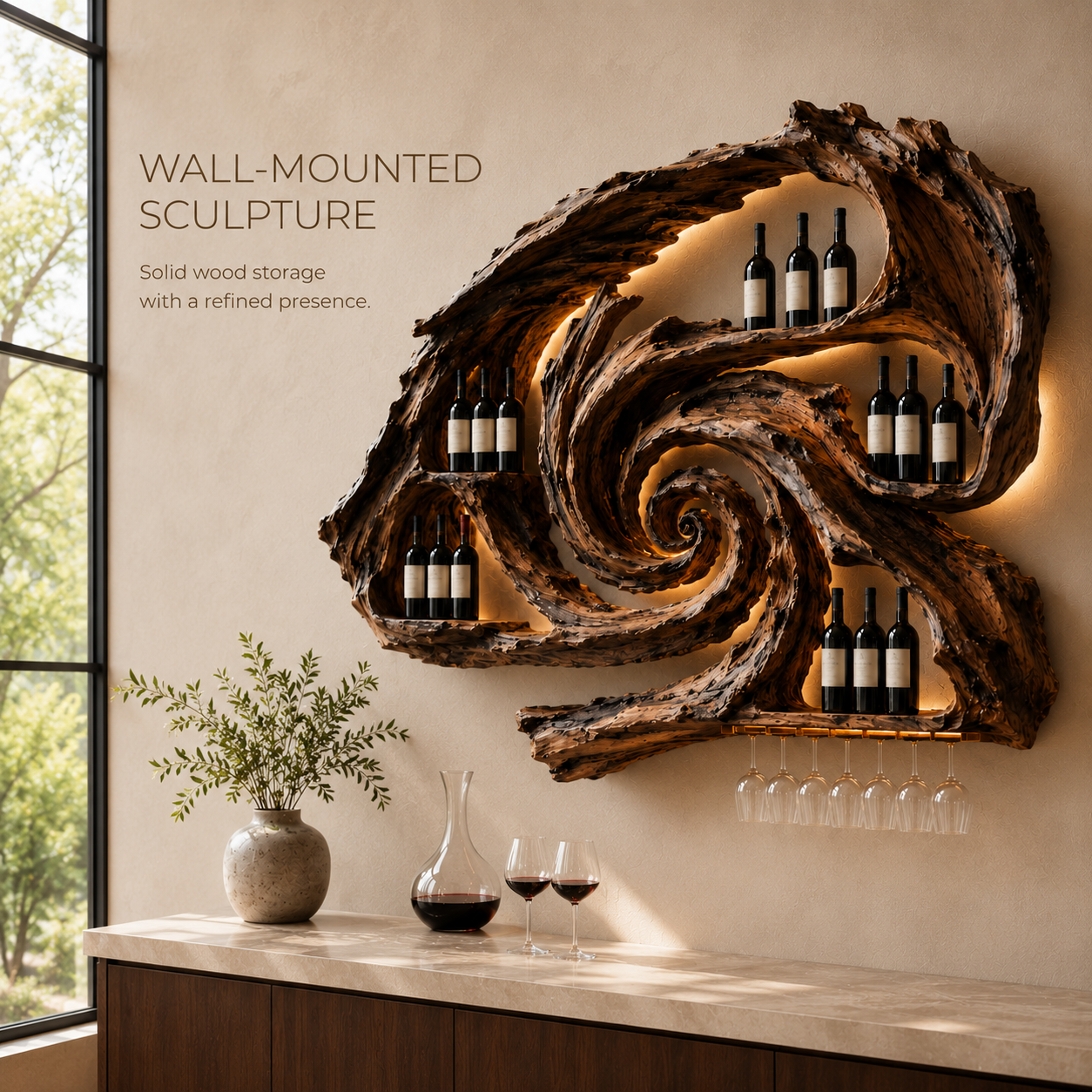 Solid Wood Wall Wine Rack with Glass Holder - River Form - product image 03