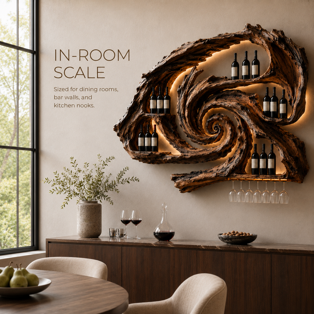 Solid Wood Wall Wine Rack with Glass Holder - River Form - product image 04
