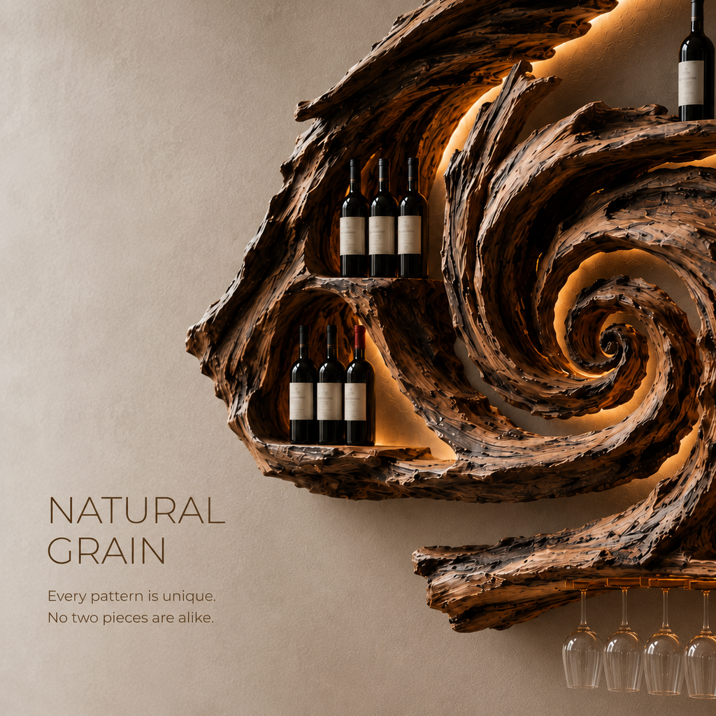 Solid Wood Wall Wine Rack with Glass Holder - River Form - product image 05