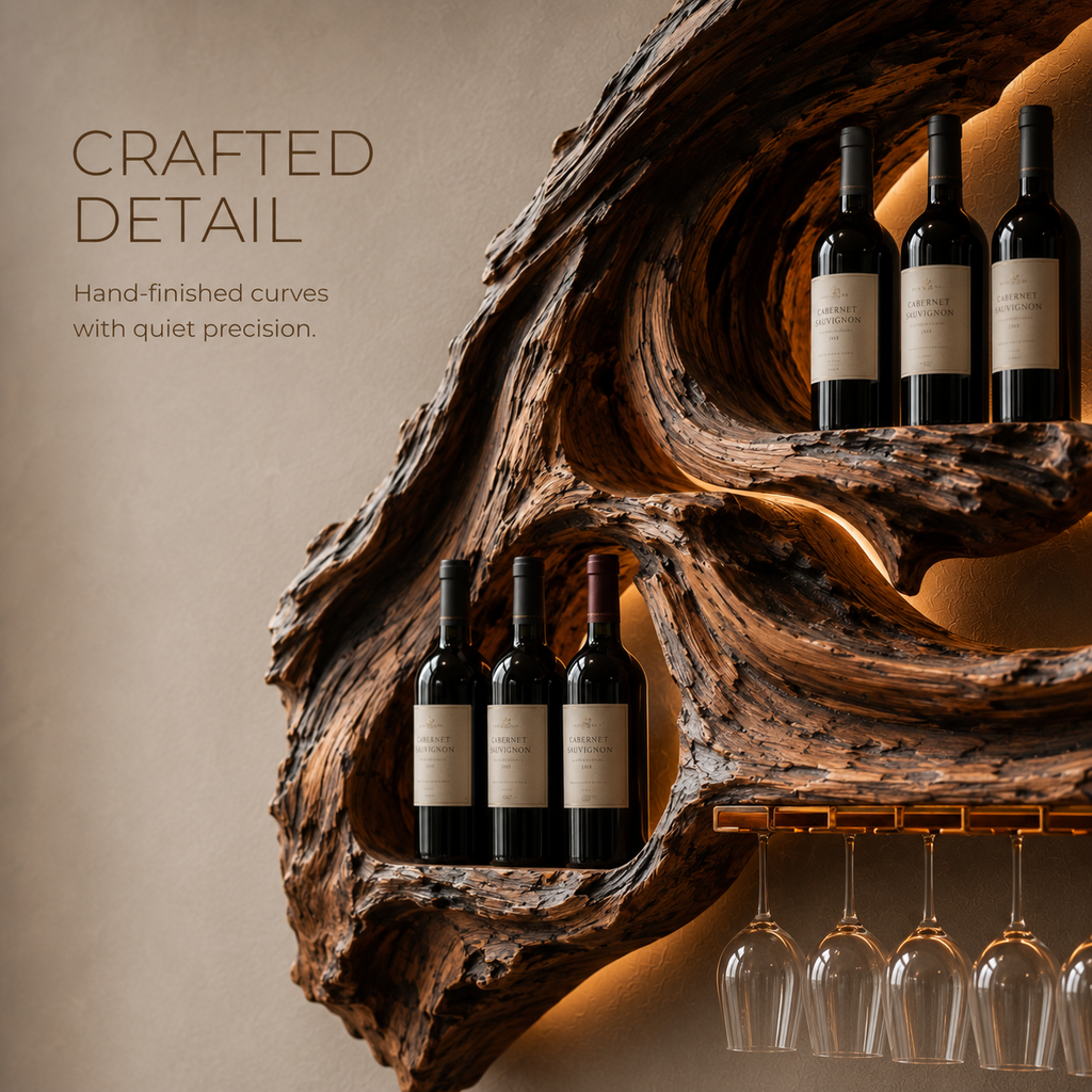 Solid Wood Wall Wine Rack with Glass Holder - River Form - product image 06