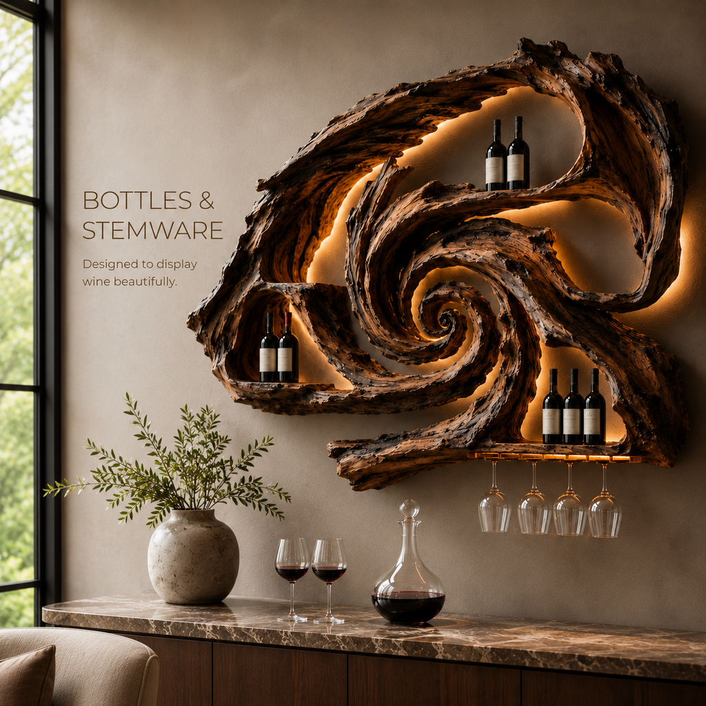Solid Wood Wall Wine Rack with Glass Holder - River Form - product image 07