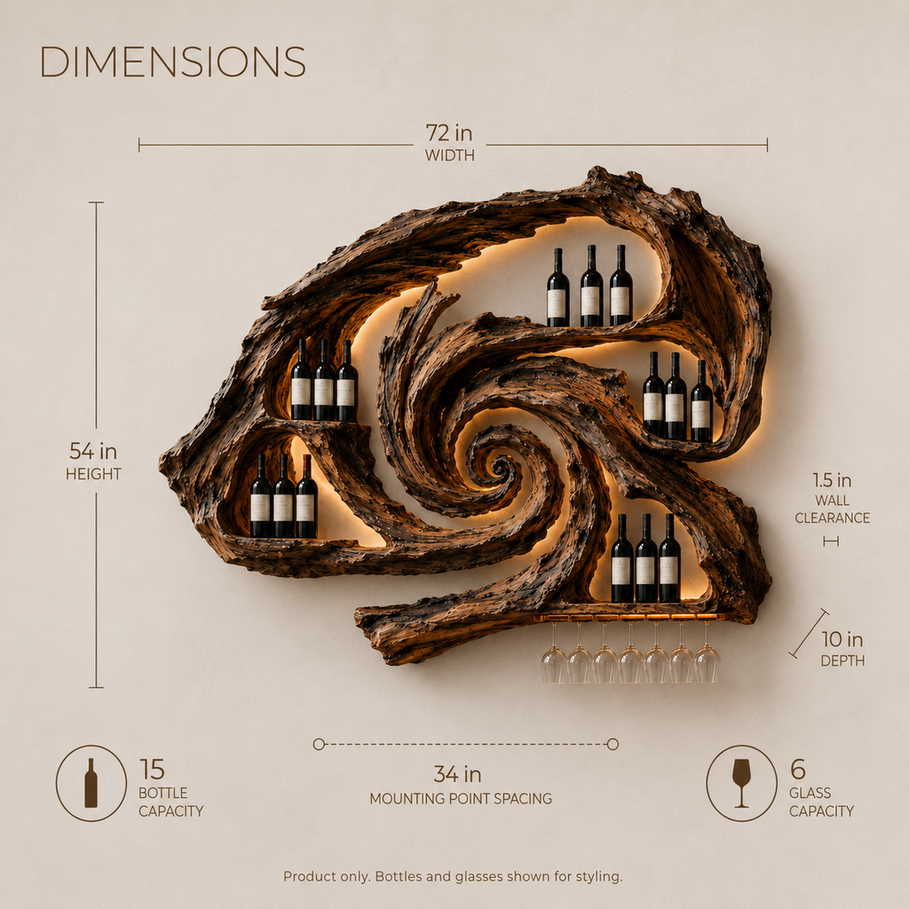 Solid Wood Wall Wine Rack with Glass Holder - River Form - product image 08