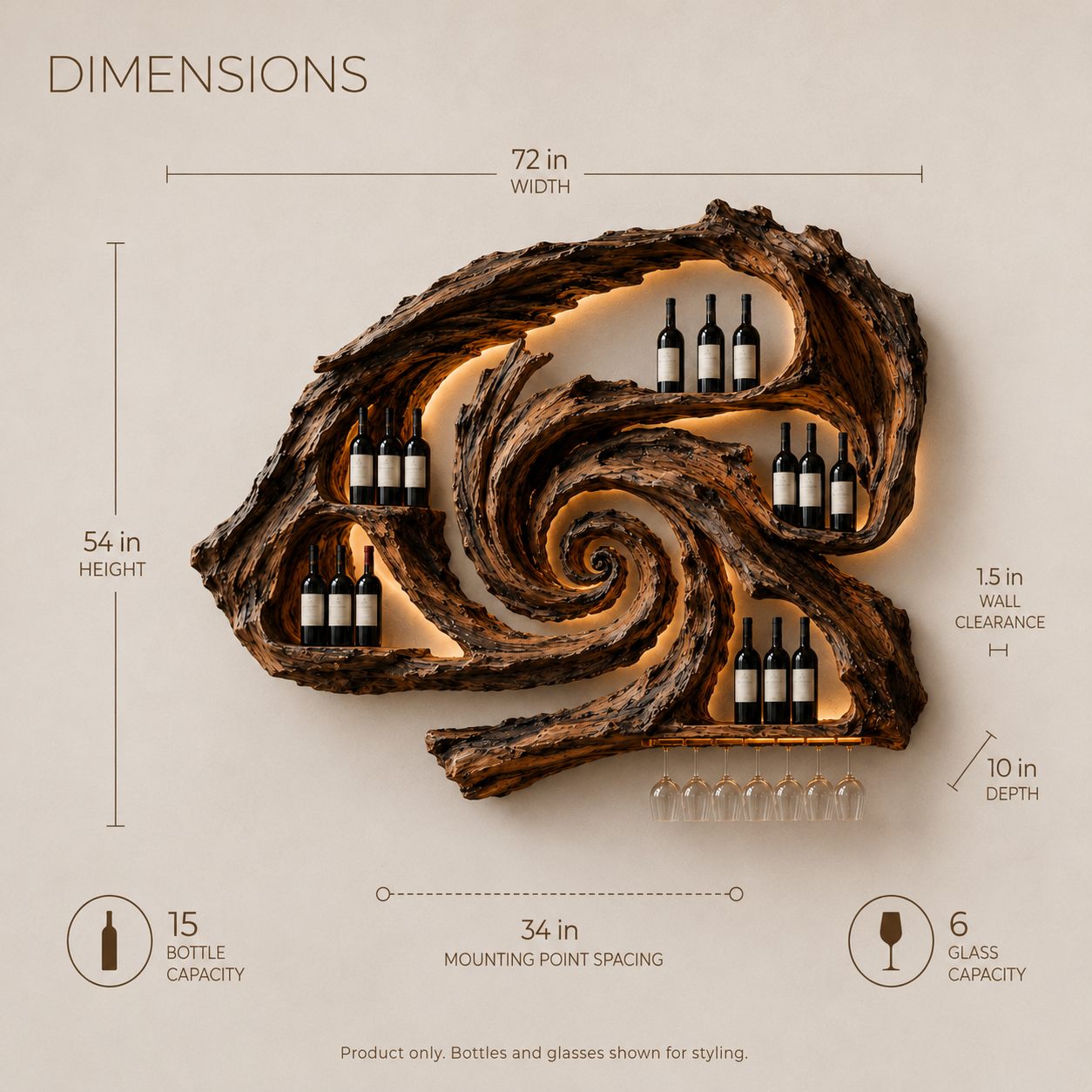 Solid Wood Wall Wine Rack with Glass Holder - River Form - product image 08