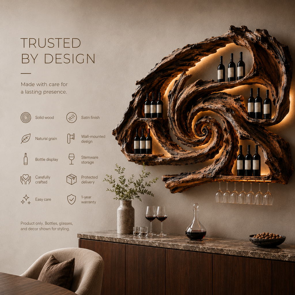 Solid Wood Wall Wine Rack with Glass Holder - River Form - product image 09