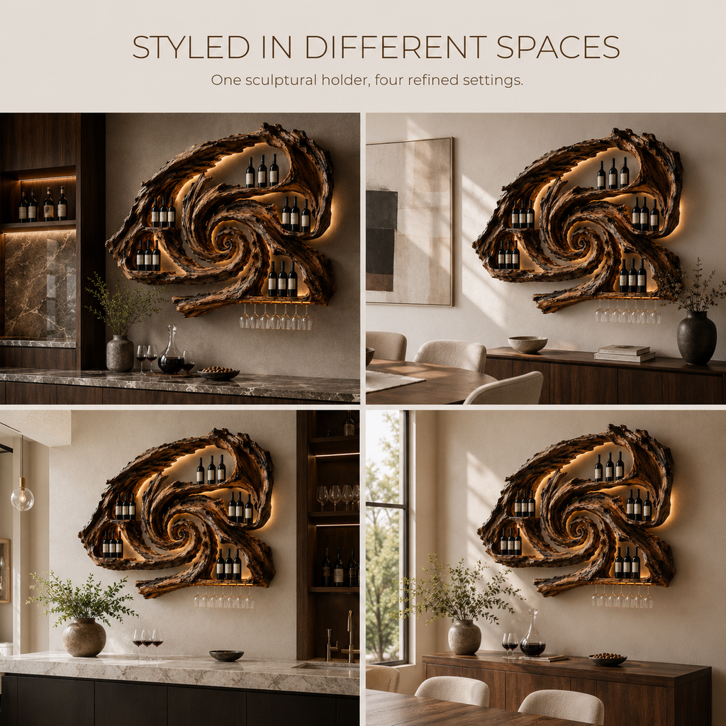 Solid Wood Wall Wine Rack with Glass Holder - River Form - product image 10