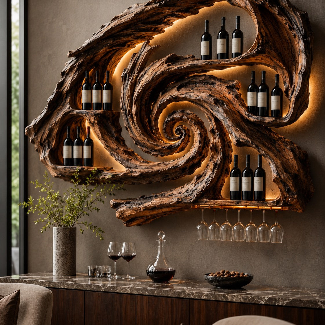 Solid Wood Wall Wine Rack with Glass Holder - River Form - Design 269 - square cover image