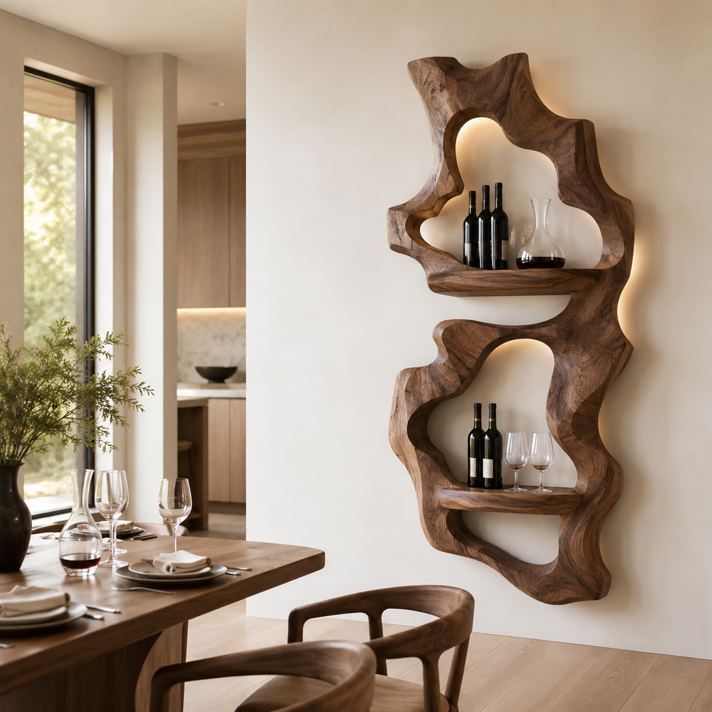 Solid Wood Wall Wine Rack with Glass Holder - Cellular Display - main view