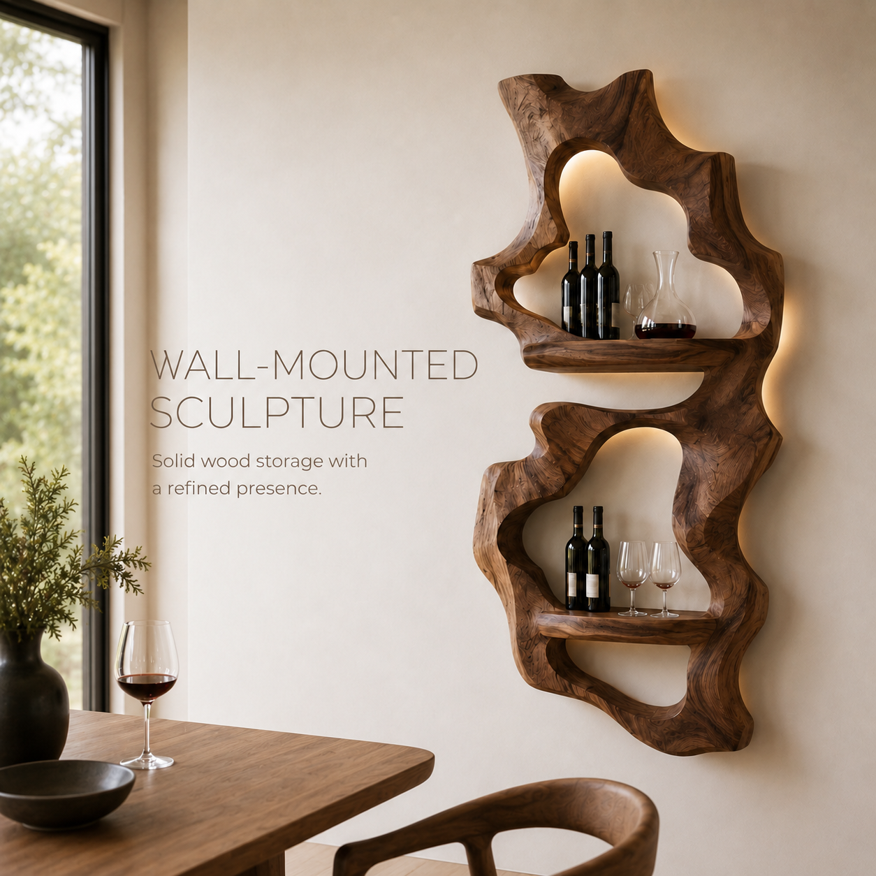 Solid Wood Wall Wine Rack with Glass Holder - Cellular Display - product image 03