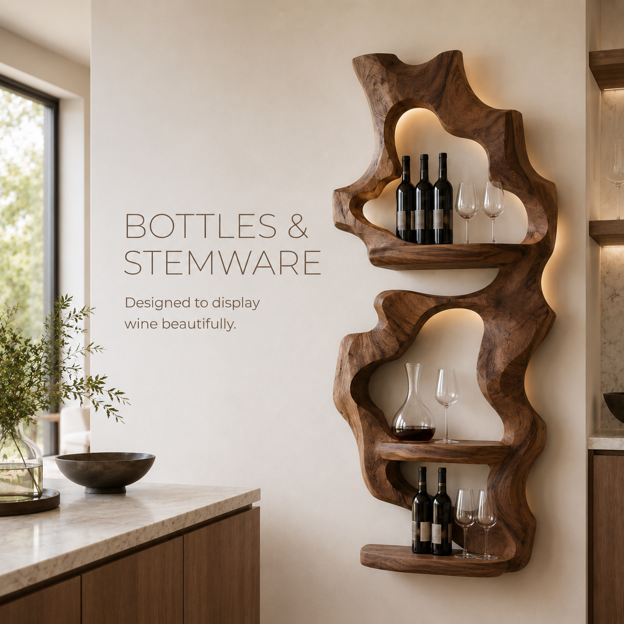 Solid Wood Wall Wine Rack with Glass Holder - Cellular Display - product image 07