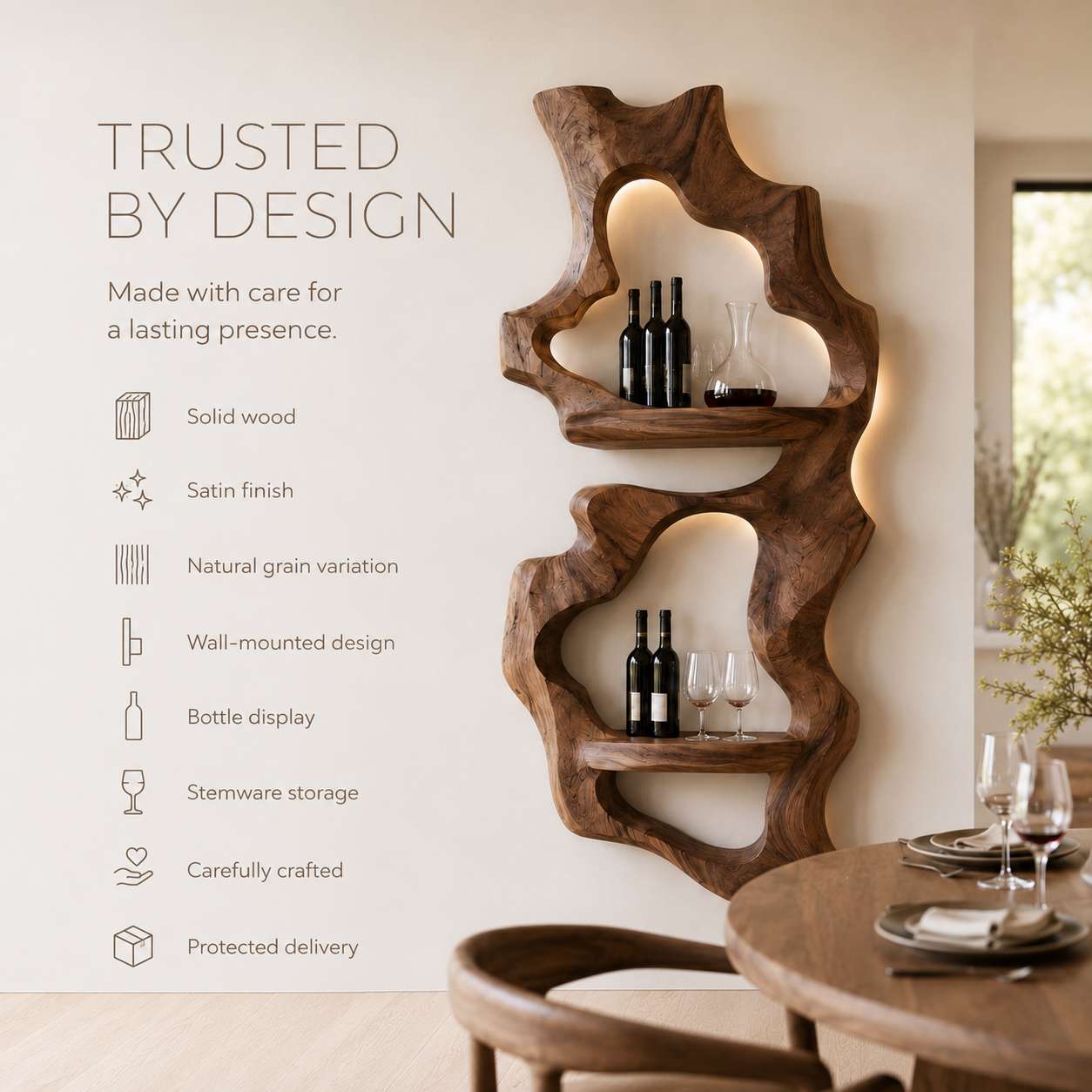 Solid Wood Wall Wine Rack with Glass Holder - Cellular Display - product image 09
