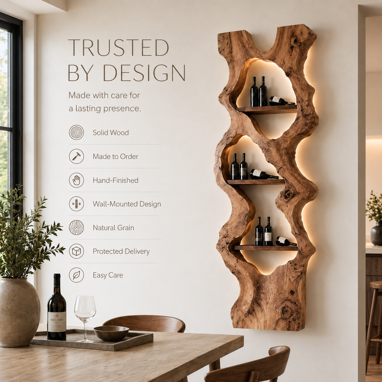 Solid Wood Wall Wine Rack with Glass Holder - Gallery Wave - product image 09