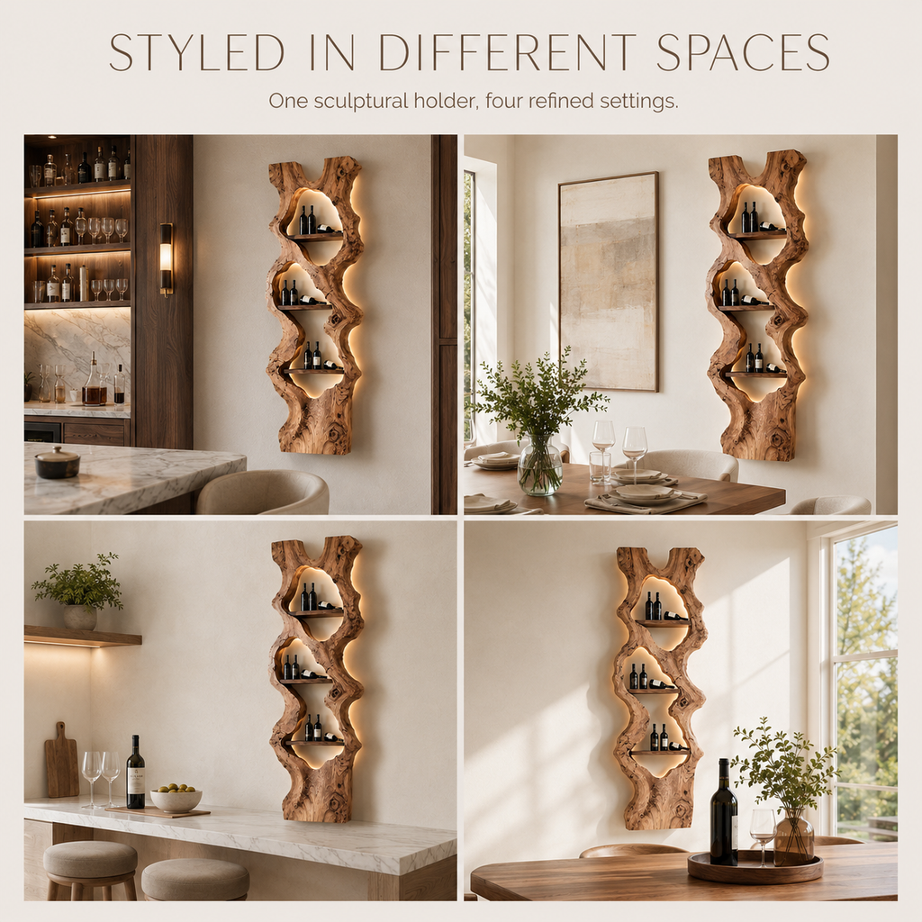 Solid Wood Wall Wine Rack with Glass Holder - Gallery Wave - product image 10