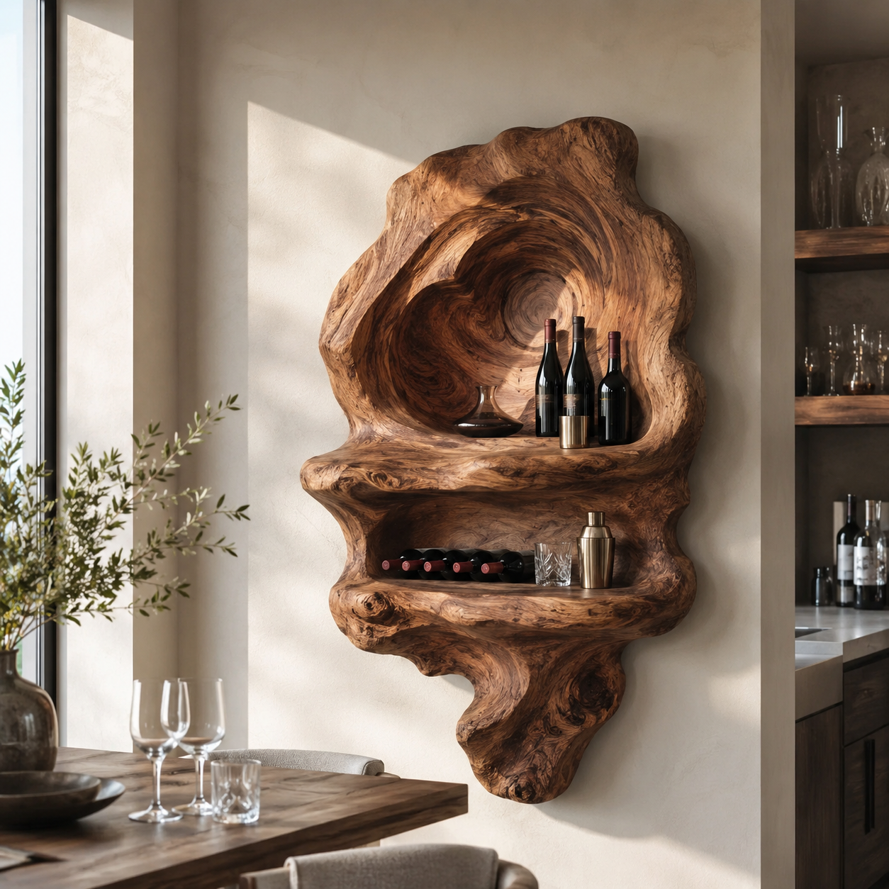 Solid Wood Wall Wine Rack with Glass Holder - Carved Halo - main view