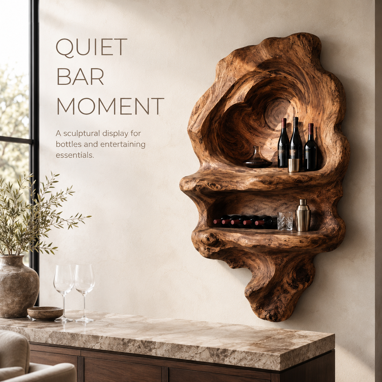 Solid Wood Wall Wine Rack with Glass Holder - Carved Halo - product image 02