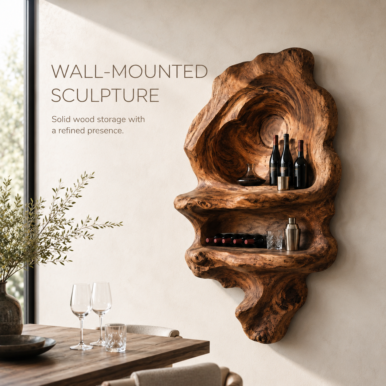 Solid Wood Wall Wine Rack with Glass Holder - Carved Halo - product image 03