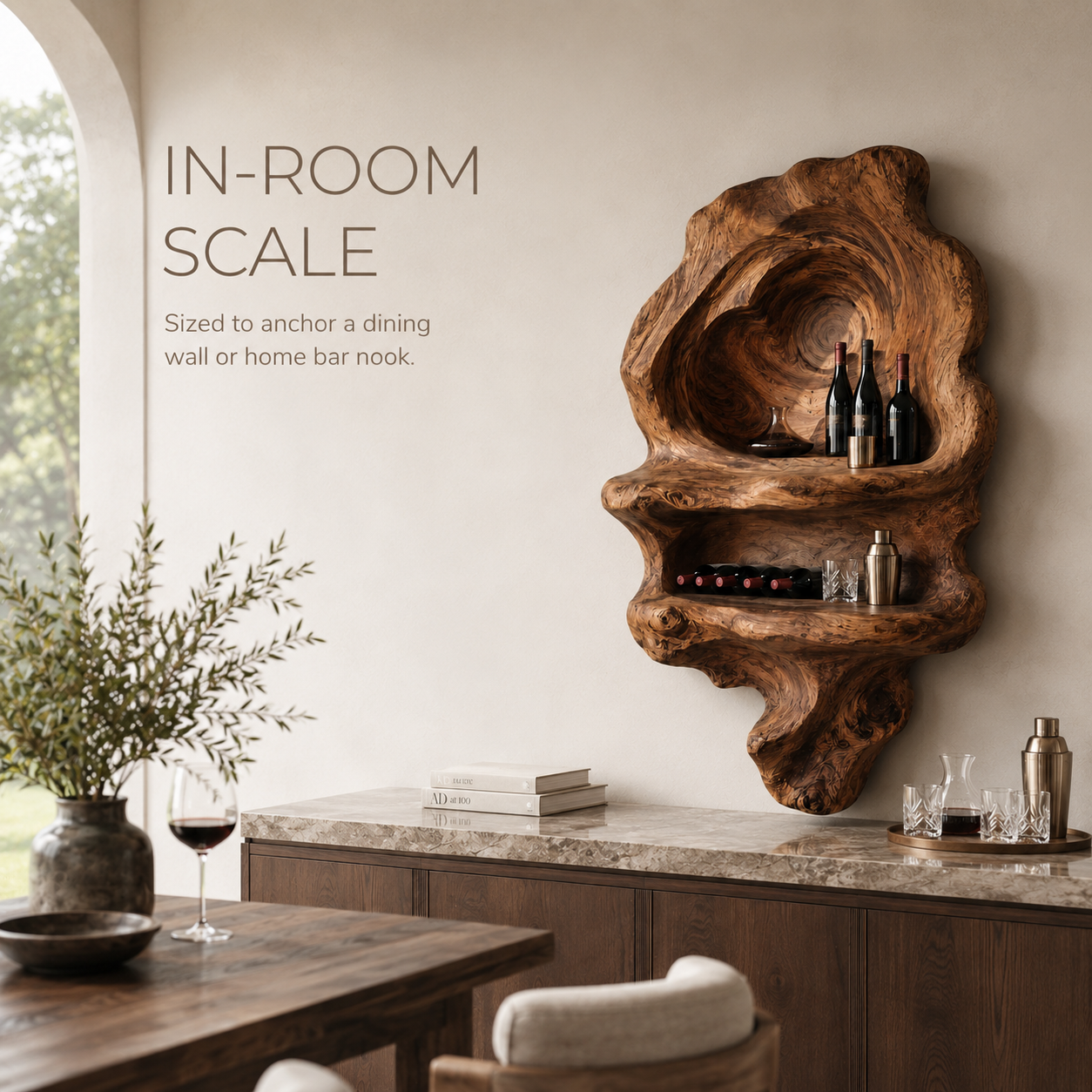 Solid Wood Wall Wine Rack with Glass Holder - Carved Halo - product image 04