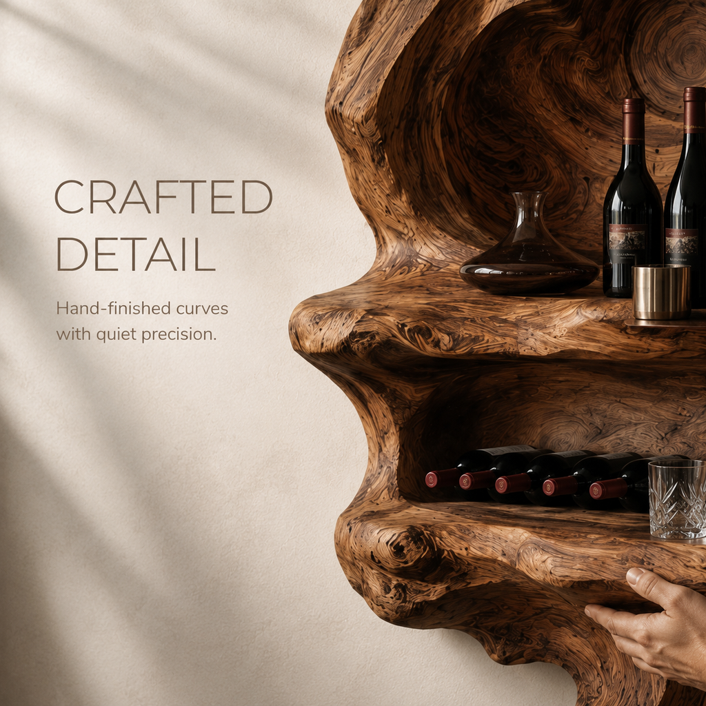 Solid Wood Wall Wine Rack with Glass Holder - Carved Halo - product image 06